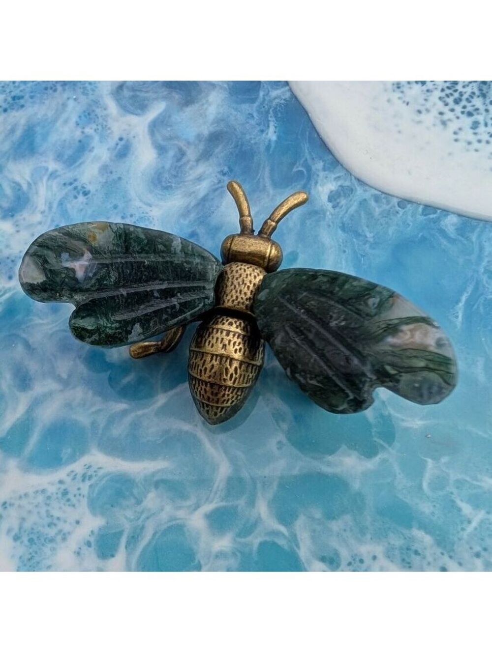 Moss Agate Bee with Brass Body, 2.25" Crystal Carving